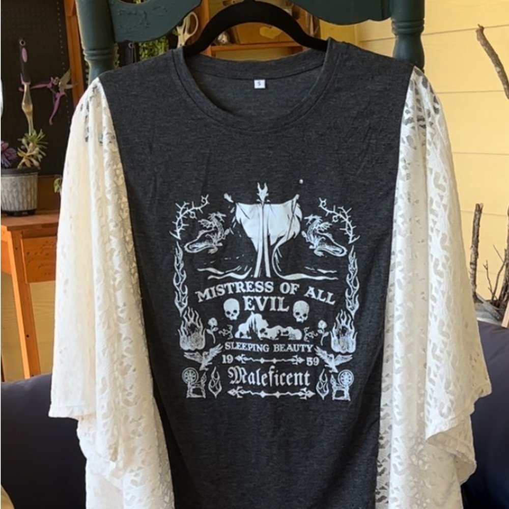 Upcycled Disney Maleficent Lace Poncho Sleeve T-Shirt for